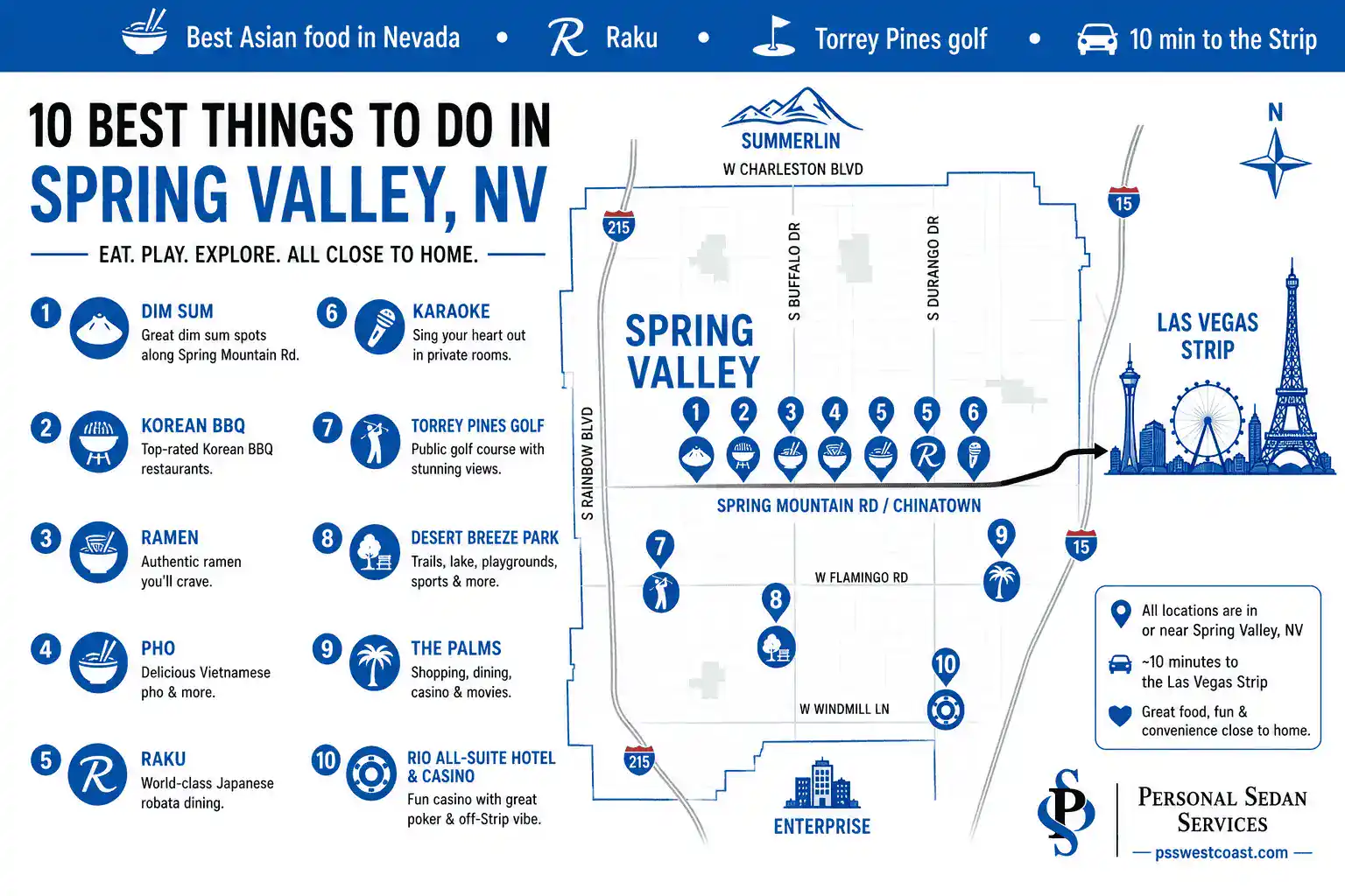 10 Best Things To Do In Spring Valley NV Map Infographic Chinatown Raku Torrey Pines Palms – Personal Sedan Services Map infographic showing 10 best things to do in Spring Valley Nevada including Las Vegas Chinatown dining, Raku, Torrey Pines golf, and the Palms casino