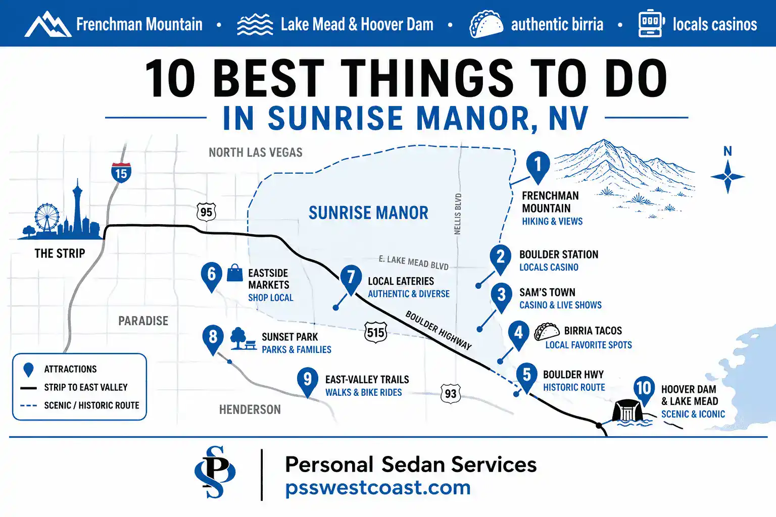 10 Best Things To Do In Sunrise Manor NV Map Infographic Frenchman Mountain Lake Mead Birria – Personal Sedan Services Map infographic showing 10 best things to do in Sunrise Manor Nevada including Frenchman Mountain, Lake Mead, Hoover Dam, birria tacos, and locals casinos