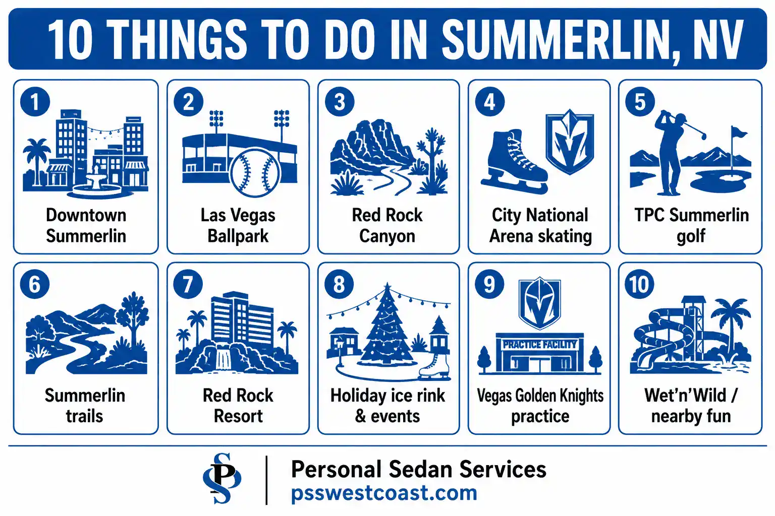 10 Things To Do In Summerlin Nevada Infographic Numbered Grid Downtown Ballpark Red Rock Golf – Personal Sedan Services Numbered infographic listing 10 things to do in Summerlin including Downtown Summerlin, Las Vegas Ballpark, Red Rock Canyon, golf, and trails