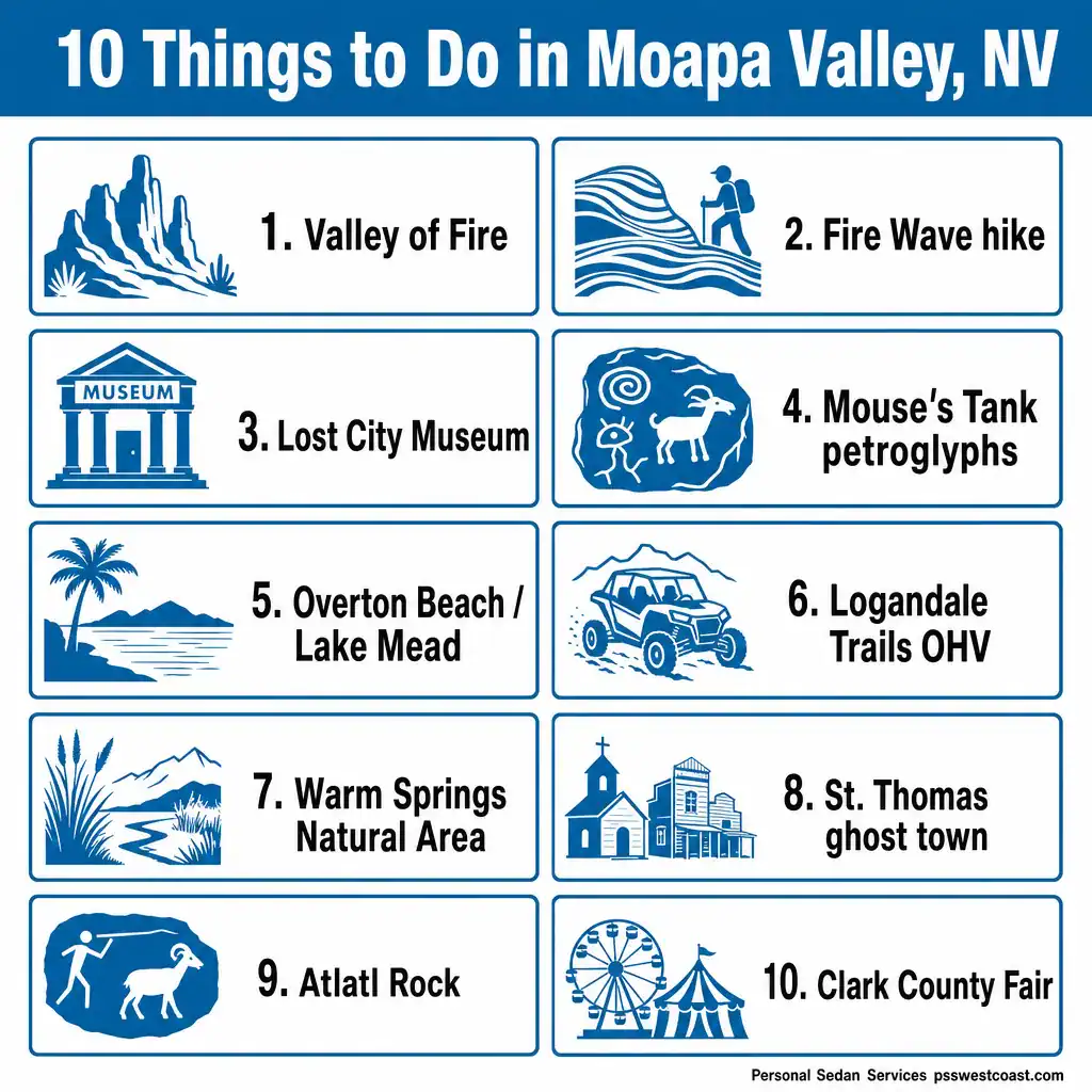 10 Things To Do In Moapa Valley Nevada Infographic Numbered Grid Valley Of Fire Lost City – Personal Sedan Services Numbered infographic listing 10 things to do in Moapa Valley including Valley of Fire, the Lost City Museum, Overton Beach, and Logandale Trails