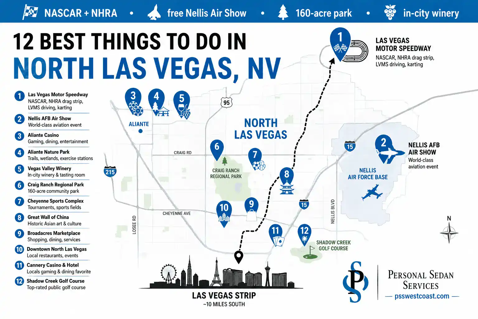 12 Best Things To Do In North Las Vegas NV Map Infographic Motor Speedway Nellis Craig Ranch – Personal Sedan Services Map infographic showing 12 best things to do in North Las Vegas Nevada including the Las Vegas Motor Speedway, Nellis Air Show, Craig Ranch Park, and Aliante.