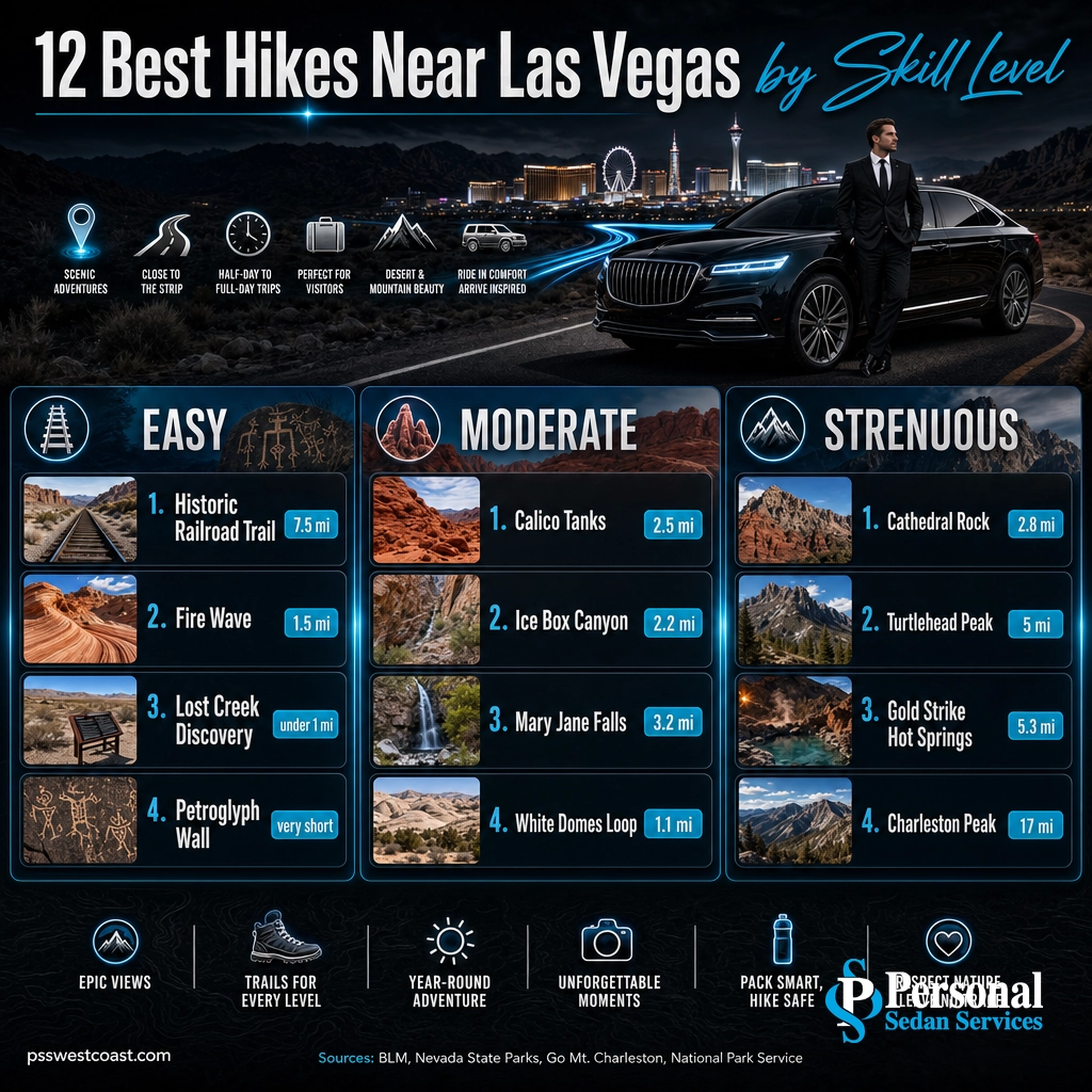 12 Best Hikes Near Las Vegas By Skill Level Infographic – Personal Sedan Services Infographic sorting the 12 best hikes near Las Vegas into easy, moderate, and strenuous with distances