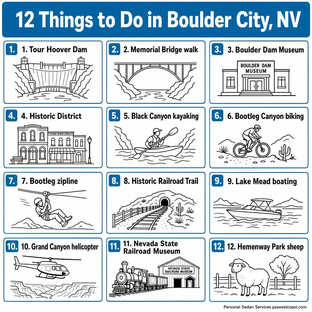Numbered infographic listing 12 things to do in Boulder City including Hoover Dam, Black Canyon kayaking, Bootleg Canyon, and the Historic District