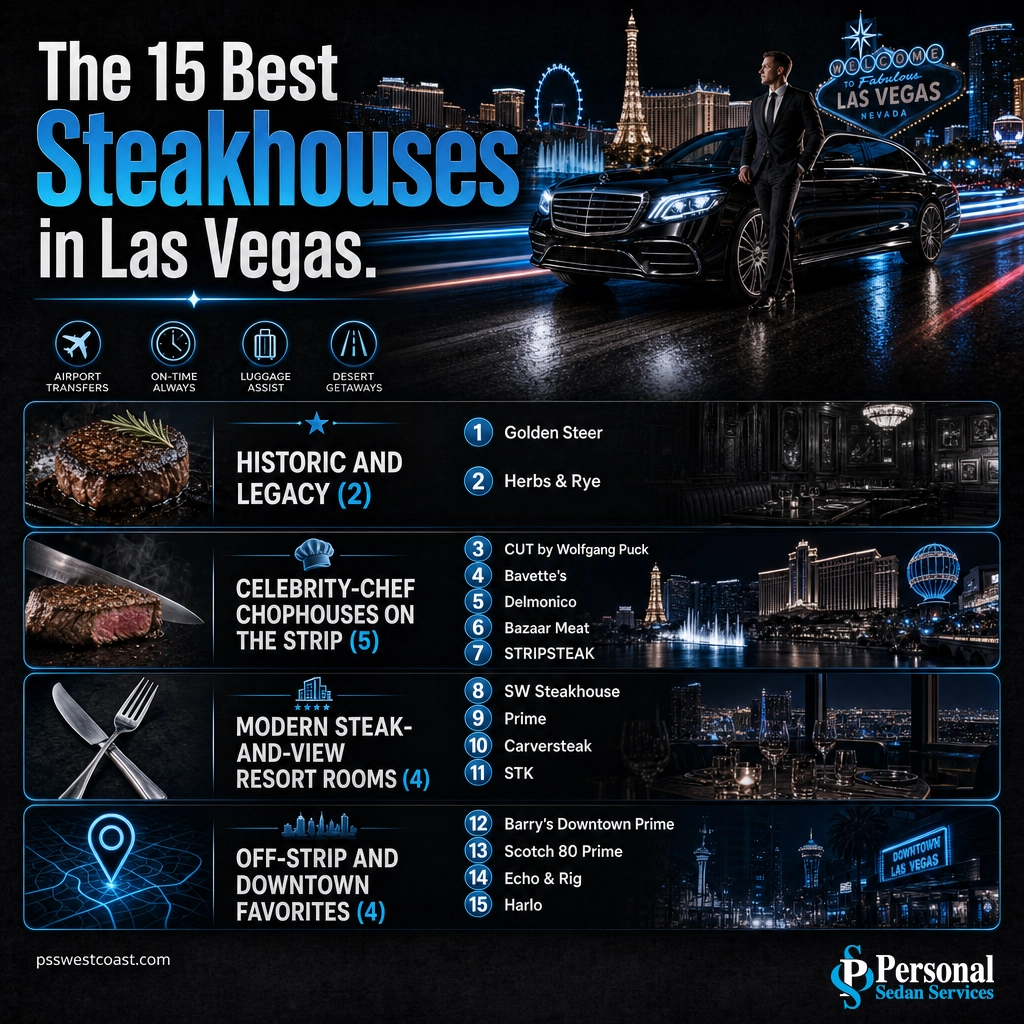 15 Best Las Vegas Steakhouses Grouped Overview – Personal Sedan Services Infographic grouping the 15 best Las Vegas steakhouses into historic, celebrity-chef, steak-and-view, and off-Strip categories