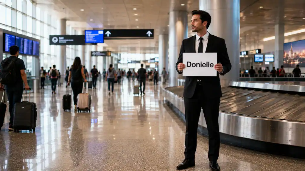 Professional chauffeur in black suit at Las Vegas Airport Terminal 1 baggage claim area for Advanced Air passenger pickup