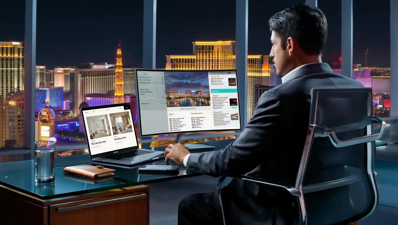 Las Vegas Travel Agent working on a laptop at night with a city skyline view in Las Vegas.