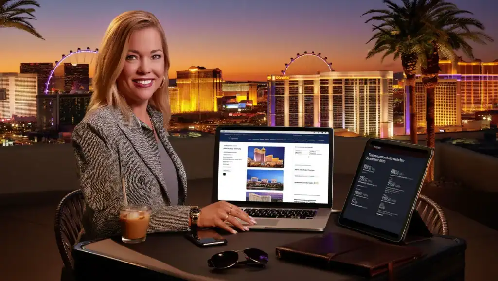 Las Vegas Travel agent working at a desk with city view during sunset