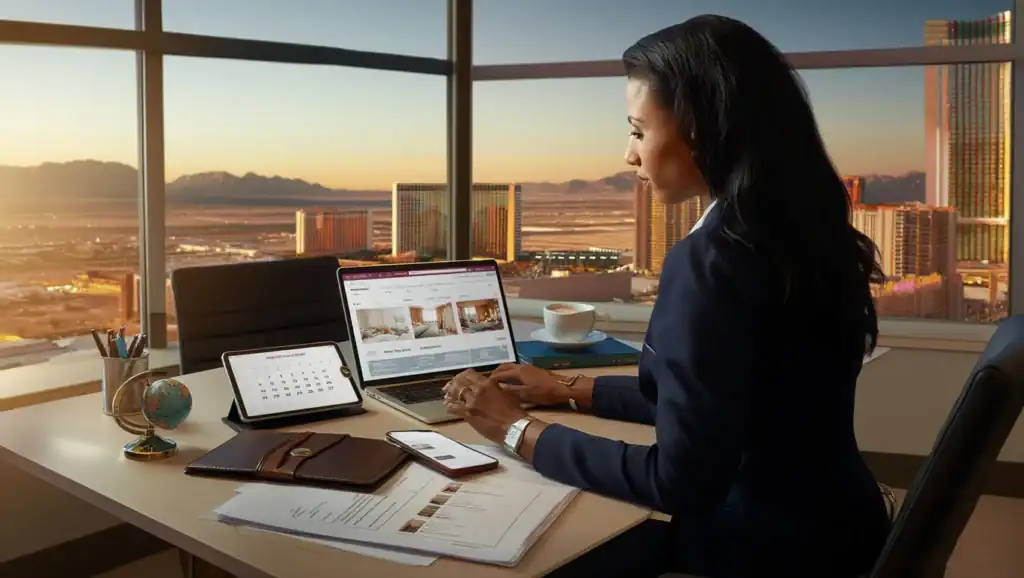 Executive Assistant booking hotels in Las Vegas high-rise office with skyline in background at sunset