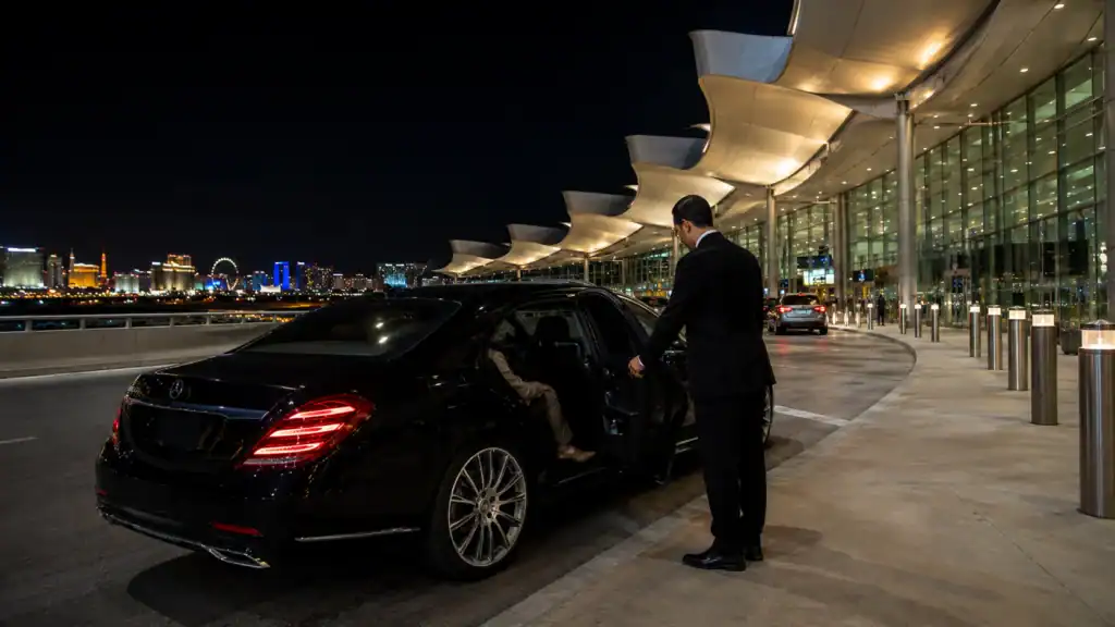 Personal Sedan Services Mercedes S550 at Las Vegas Airport Terminal 3 for Air Canada Canadian passenger arrival pickup at night