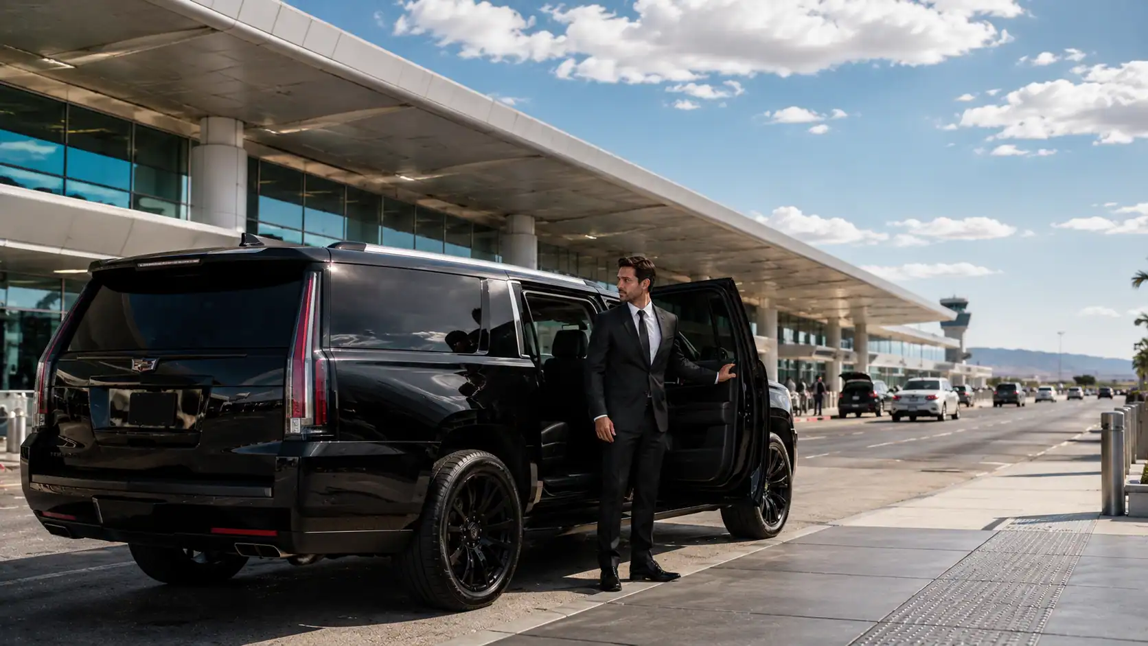 Personal Sedan Services Cadillac Escalade with chauffeur at Las Vegas Airport Terminal 1 departure level for Allegiant Air passengers