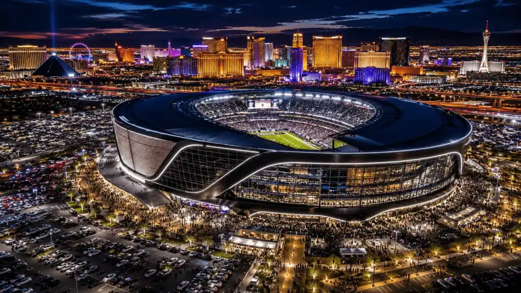 Allegiant Stadium Enterprise Nevada Raiders NFL Night Game Aerial View