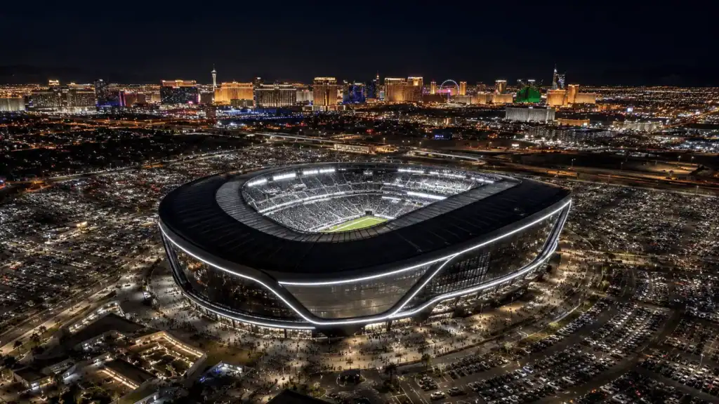 Allegiant Stadium Enterprise Nevada Raiders NFL Night Game Aerial View Strip Skyline
