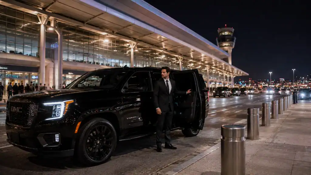 Personal Sedan Services GMC Yukon Denali at Las Vegas Airport Terminal 1 for American Airlines passenger pickup at night