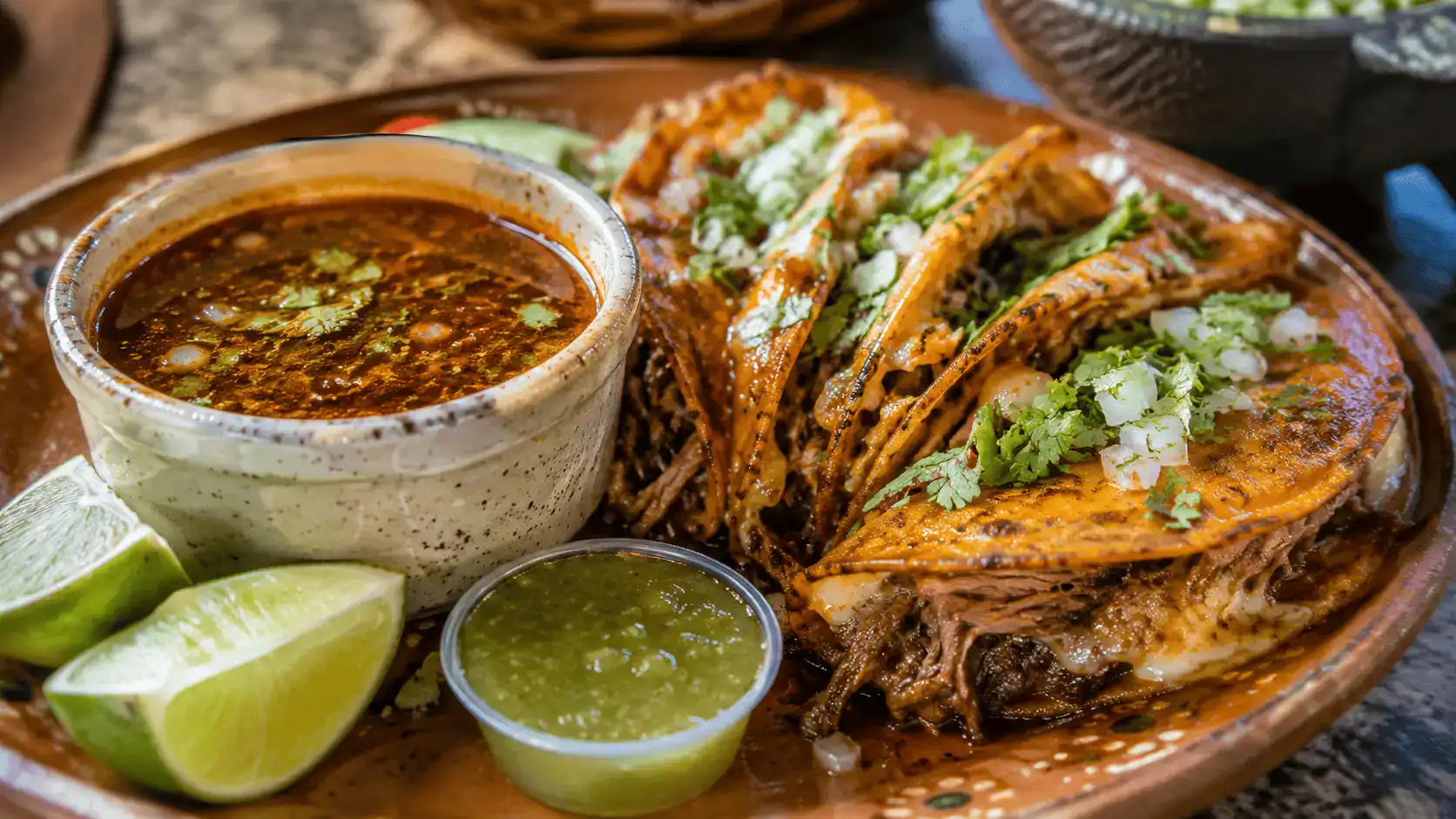 Authentic Quesabirria Tacos Consomme Boulder Highway Sunrise Manor Las Vegas – Personal Sedan Services Plate of quesabirria tacos with consomme, onion, cilantro, and lime at an authentic family-owned taqueria on Boulder Highway in Sunrise Manor Las Vegas
