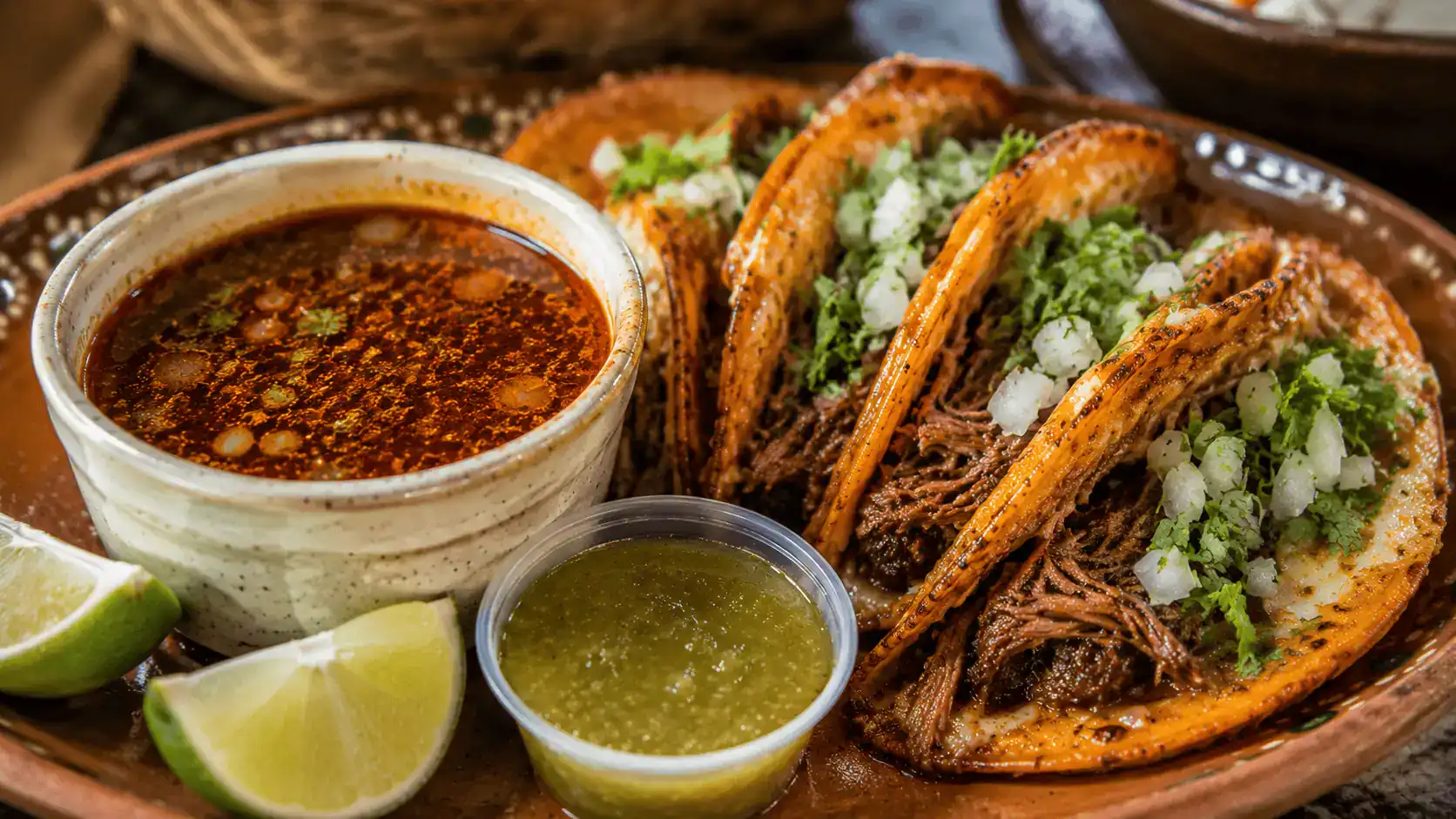 Authentic Quesabirria Tacos Consomme Sunrise Manor Las Vegas Taqueria – Personal Sedan Services Plate of quesabirria tacos with consomme, onion, cilantro, and lime at an authentic family-owned taqueria in Sunrise Manor Las Vegas