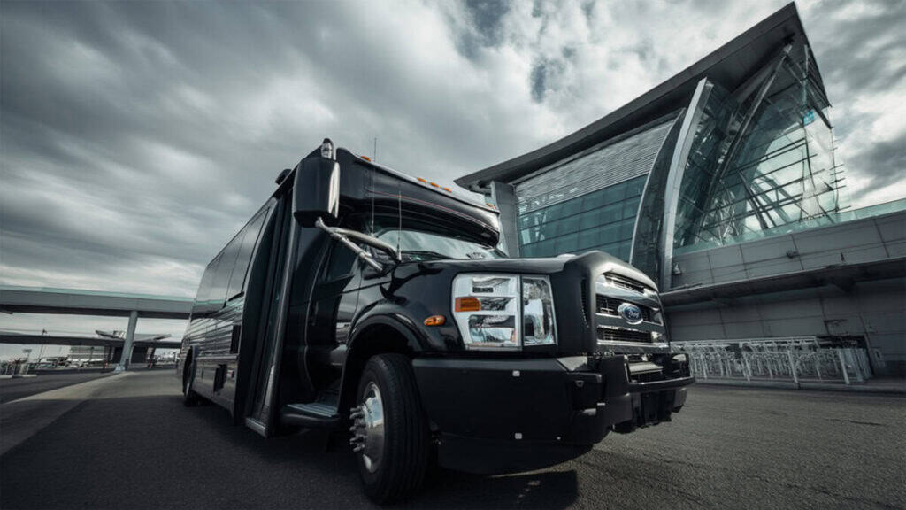 Black E450 Shuttle Bus Dramatic Low Angle