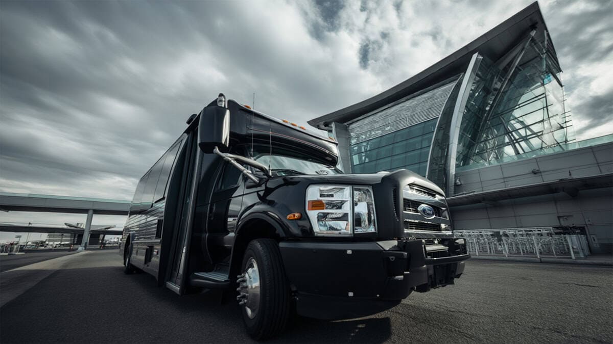 Black E450 Shuttle Bus Dramatic Low Angle