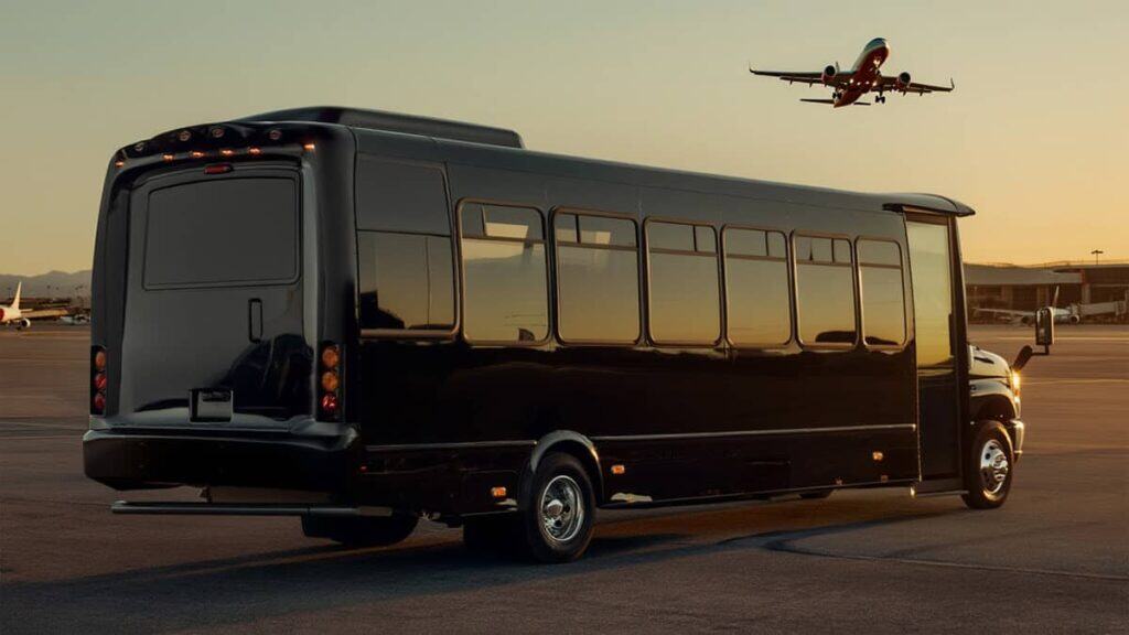 Black E450 Shuttle Bus With Plane Taking Off