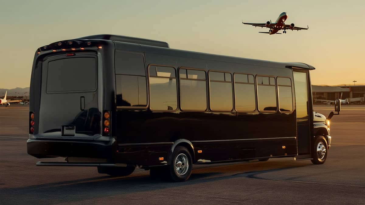 Black E450 Shuttle Bus With Plane Taking Off