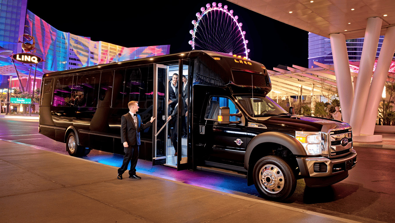 Black Ford F550 Limo Party Bus With Driver Wearing A Suit And Passengers Leaving From The Back Seat Dropping Them Off In Las Vegas At The Linq