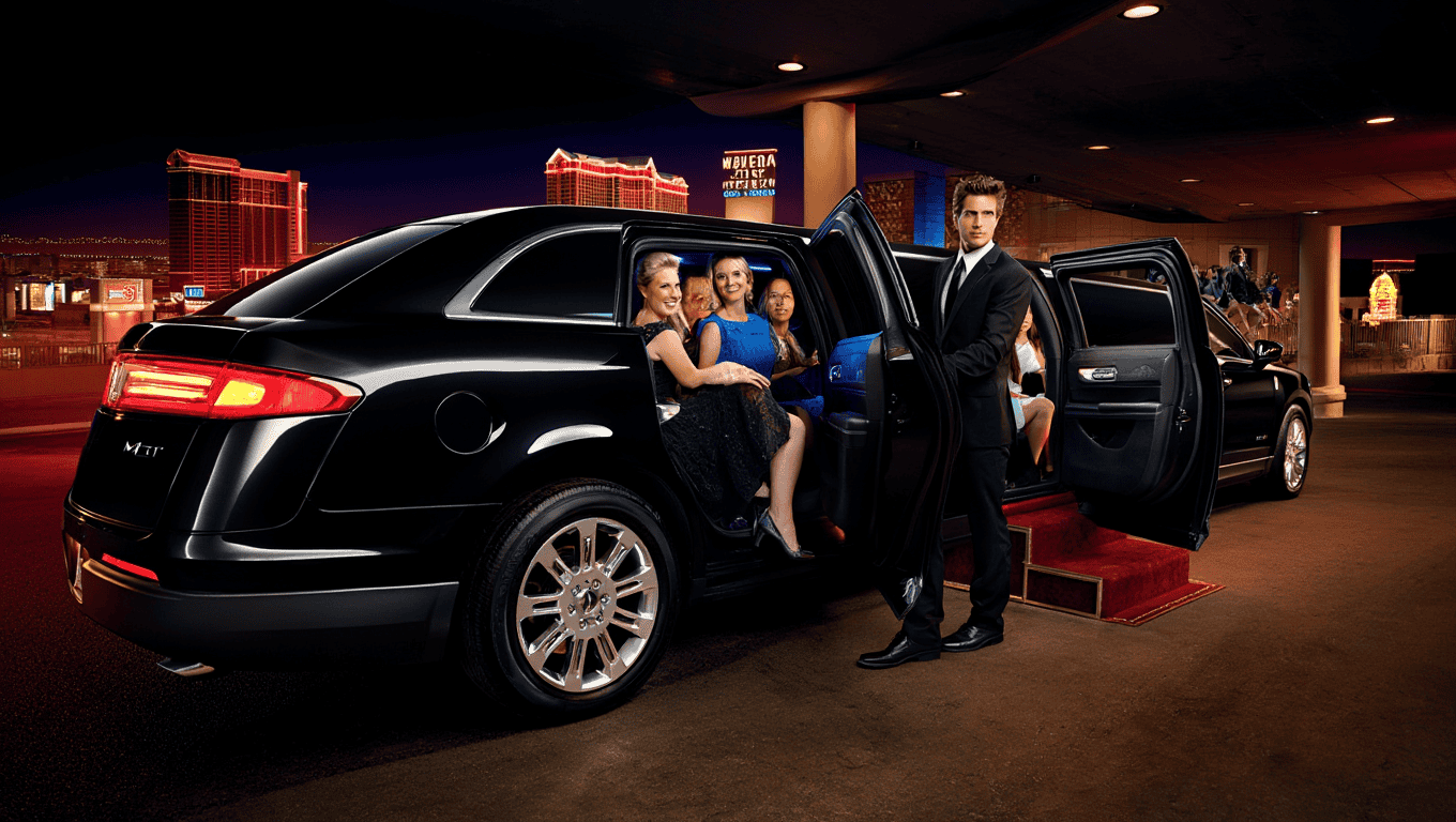 Black Lincoln Mkt Limousine (8 10 Pax) With Driver Chauffeur Wearing A Suit And Passengers Leaving From The Back Seat Dropping Them Off In Las Vegas At The Weddings