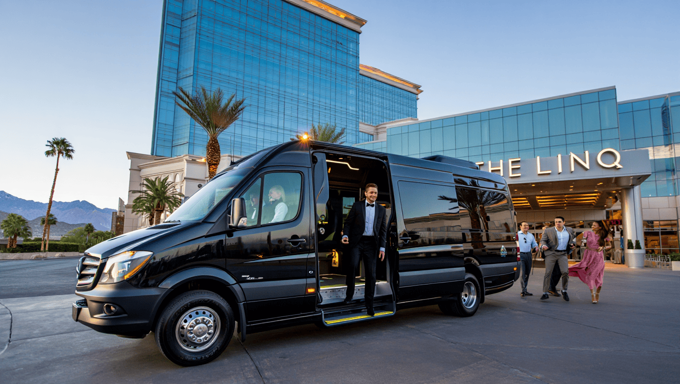Chauffeured Mercedes Jet Executive Sprinter dropping guests off at the LINQ in Las Vegas - Personal Sedan Services
