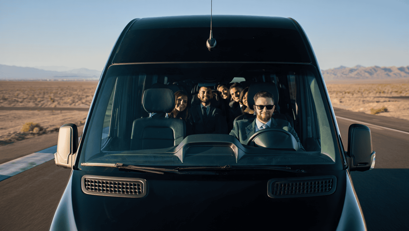 Executive Sprinter Van with a suited chauffeur dropping off a wedding party in Las Vegas - Personal Sedan Services