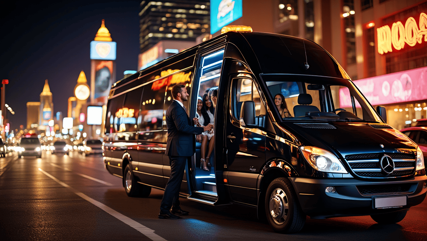 Chauffeured Limo Sprinter dropping guests off on the Las Vegas Strip - Personal Sedan Services