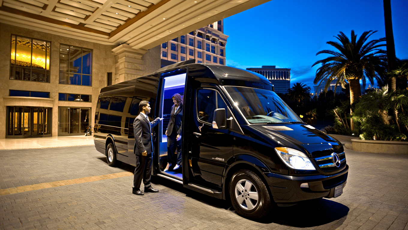 Uniformed chauffeur assisting guests from the Limo Sprinter at the Palms Hotel in Las Vegas - Personal Sedan Services