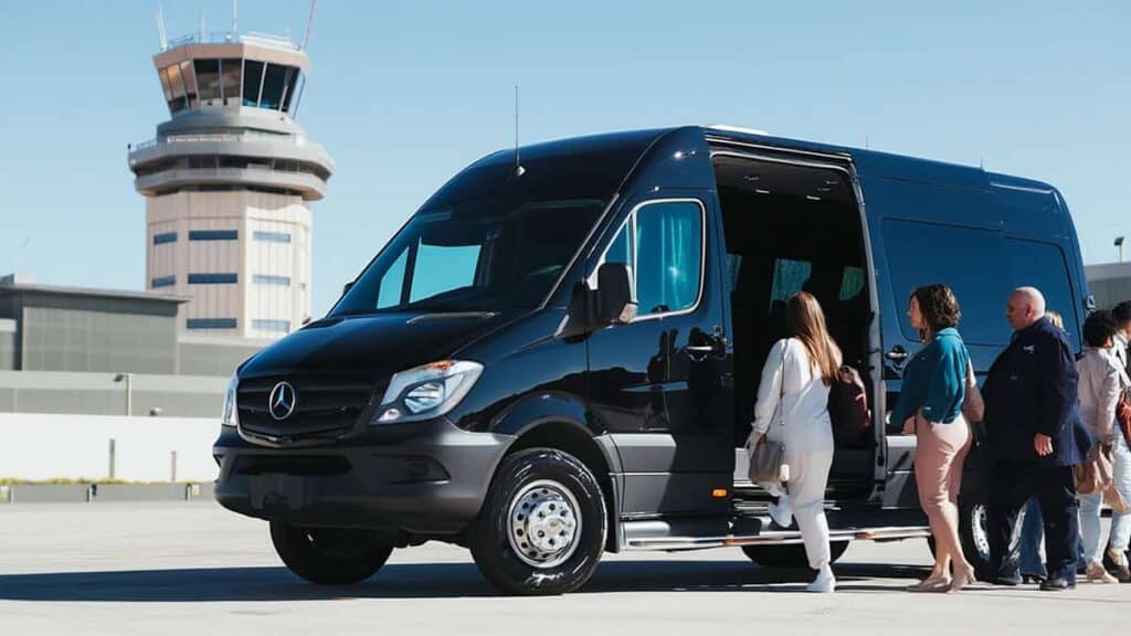 Black Sprinter With Passengers Boarding Airport Shuttle