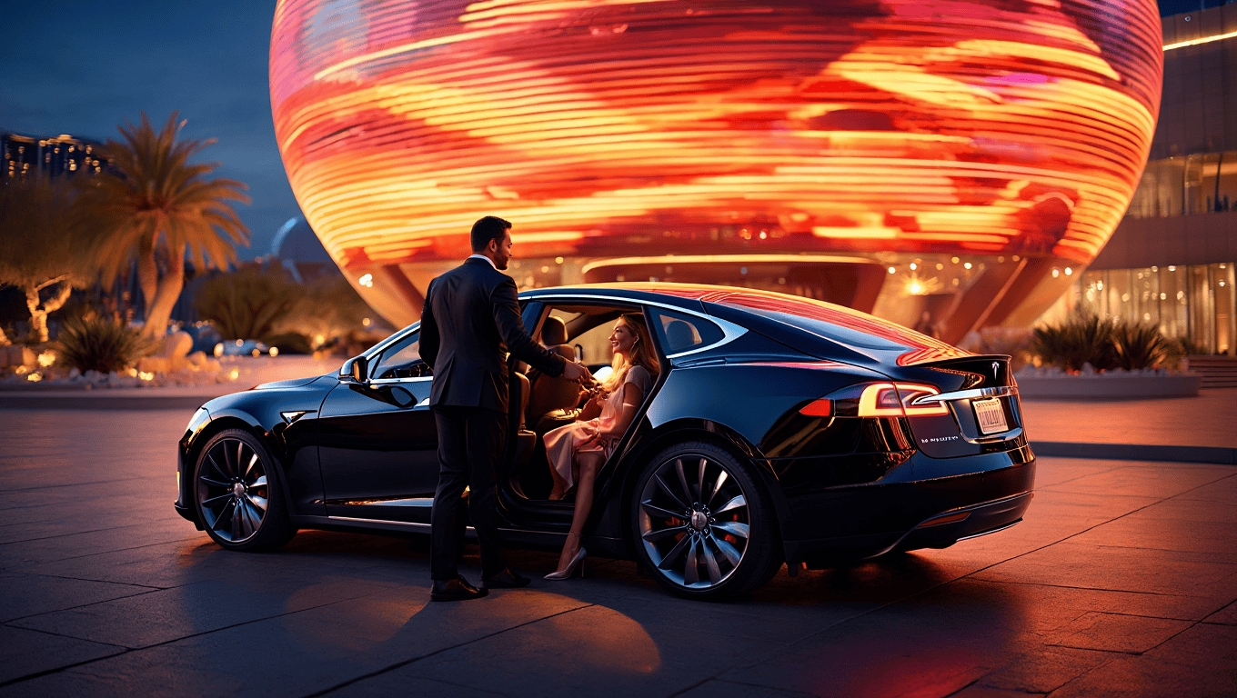 Chauffeured Tesla Model S sedan dropping guests off in Las Vegas - Personal Sedan Services