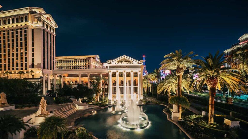 Cinematic Nighttime Exterior Of Caesars Palace Las Vegas