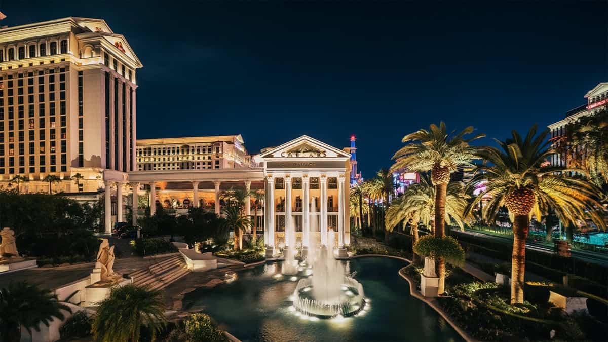 Cinematic Nighttime Exterior Of Caesars Palace Las Vegas