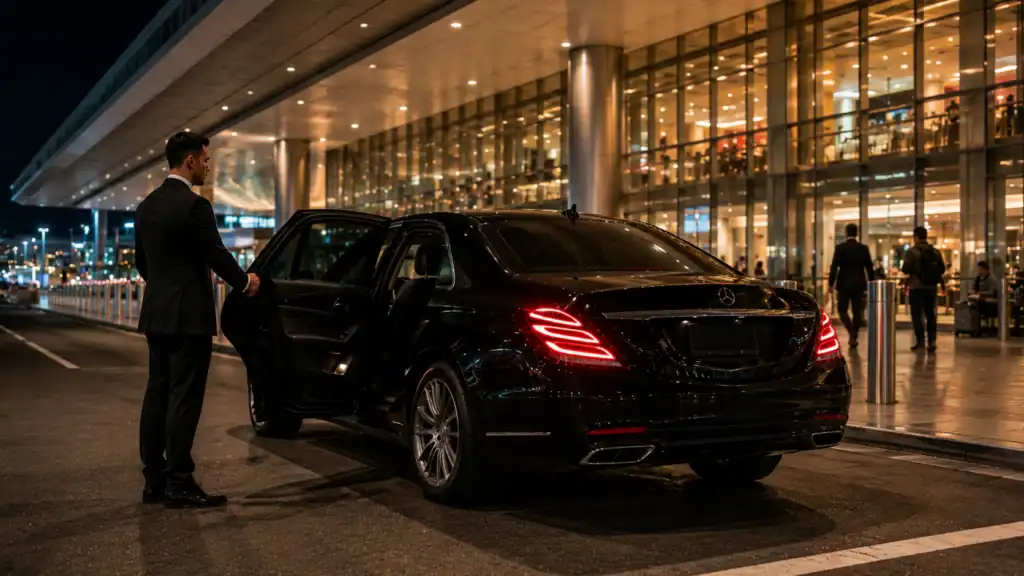 Personal Sedan Services Mercedes S550 at Las Vegas Airport Terminal 3 night arrivals for Condor Airlines Frankfurt transatlantic passengers