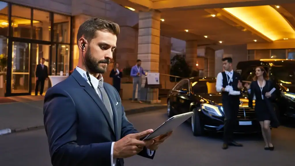 DMC coordinator holding ipad handling guest arrival and departure logistics travel from hotel