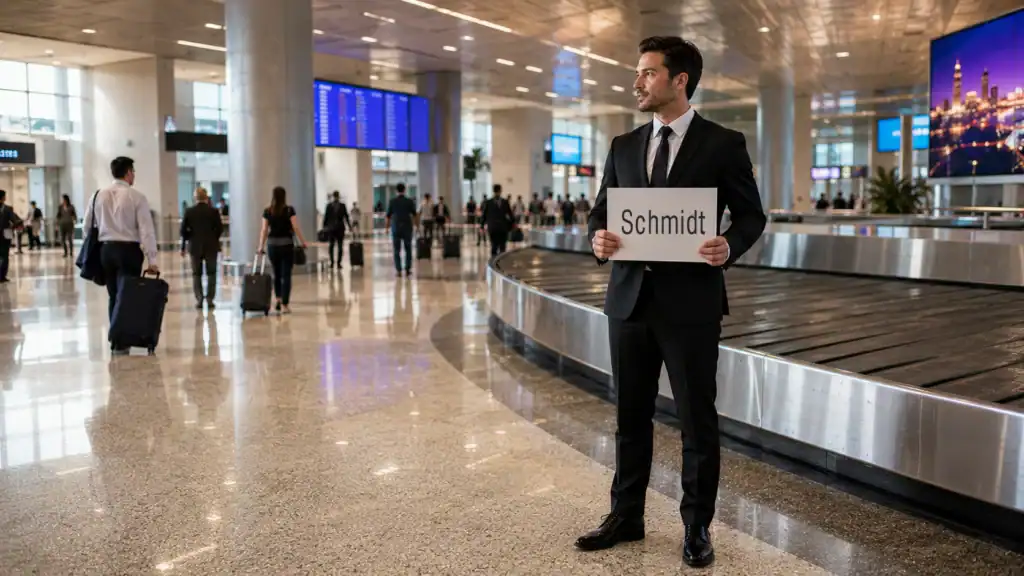 Professional chauffeur in black suit at Las Vegas Airport Terminal 1 baggage claim for Delta Air Lines passenger meet and greet service