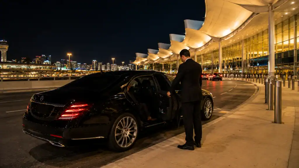 Personal Sedan Services Mercedes S550 at Las Vegas Airport Terminal 3 night arrivals for Edelweiss Air Zurich Switzerland passengers