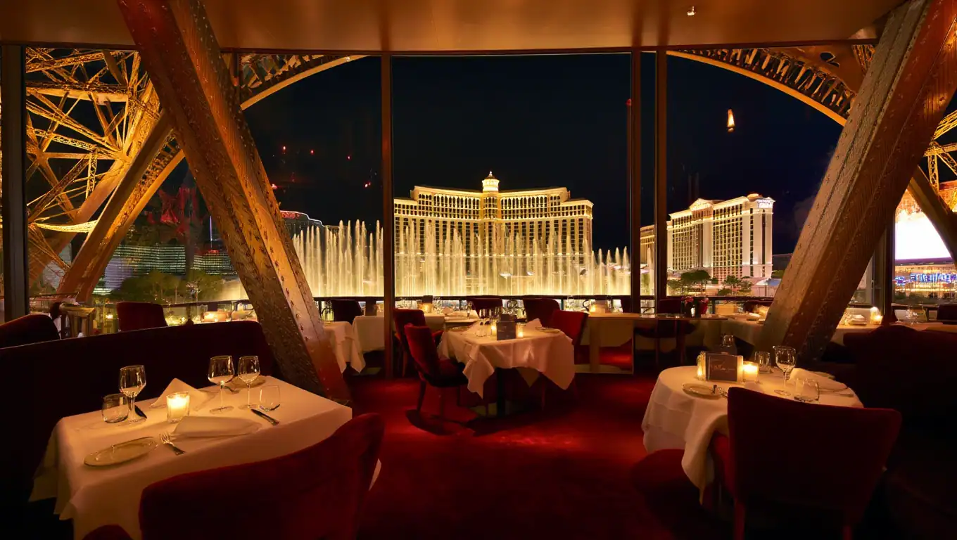 Eiffel Tower Restaurant Views of the Bellagio Fountain at night.