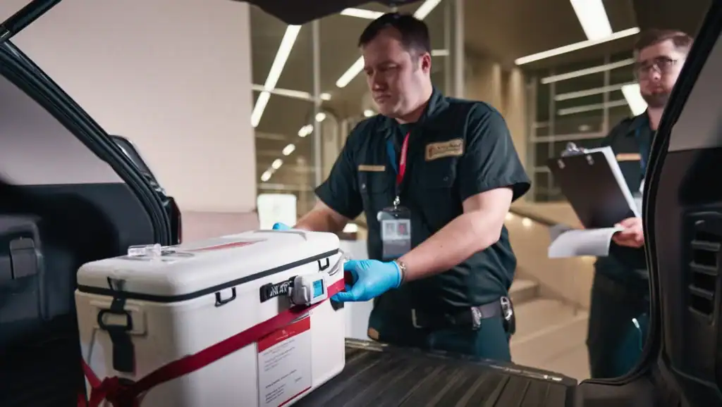 Emergency Medical Organ Transport Courier Service Loading Cooler Into Personal Sedan Services Suv Man Handing Off Cooler