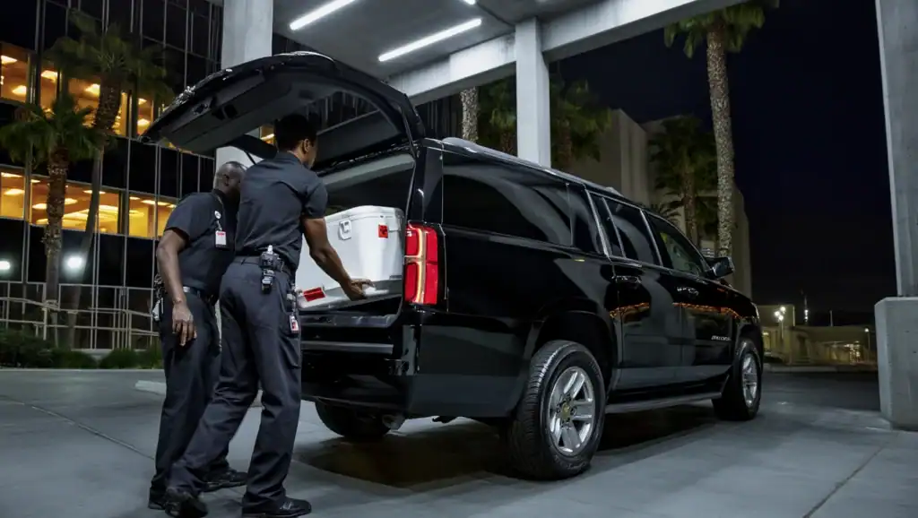 Emergency Medical Organ Transport Courier Service Loading Cooler Into Personal Sedan Services Suv To Be Taken To The Hospital