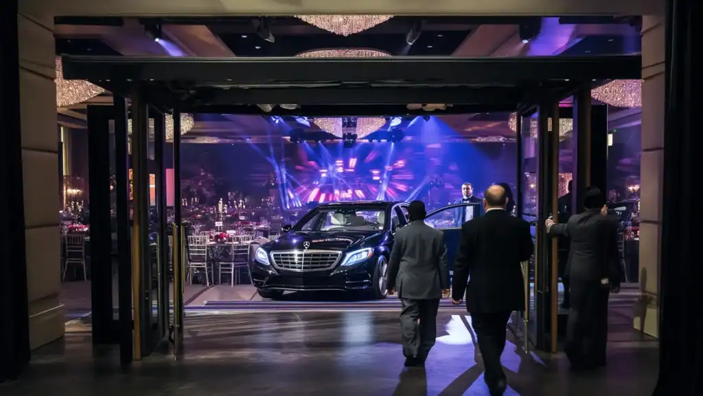 Executives Entering Ballroom with Mercedes inside for Corporate Event