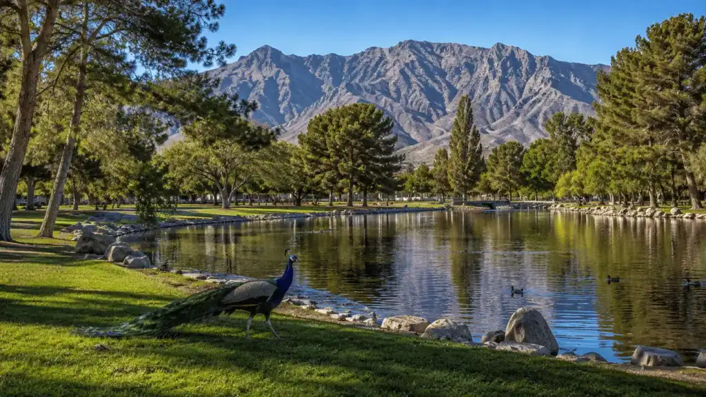 Floyd Lamb Park at Tule Springs near Centennial Hills with a stocked pond, shade trees, a peacock and desert mountains in the background