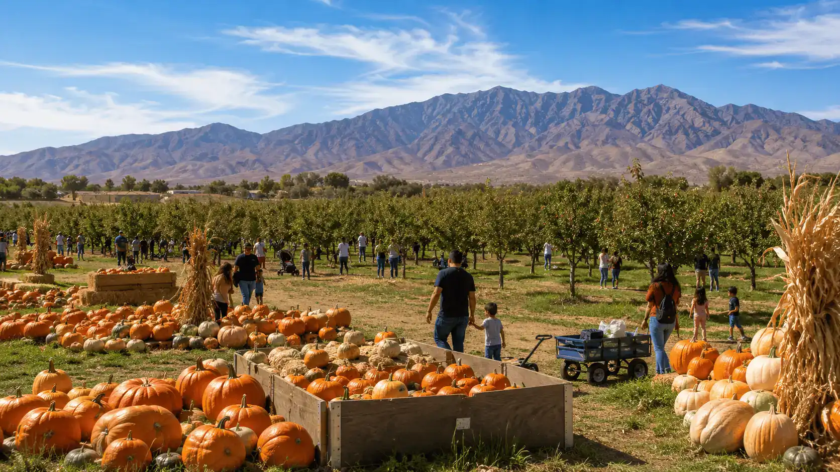 Gilcrease Orchard Pumpkin Patch U-Pick Farm Centennial Hills Northwest Las Vegas – Personal Sedan Services Gilcrease Orchard near Centennial Hills with rows of fruit trees and a pumpkin patch where families pick produce in autumn
