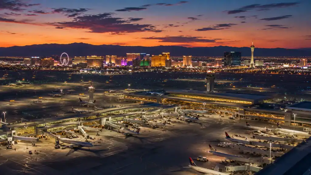 Aerial view of Harry Reid International Airport Las Vegas at dusk with the Strip skyline in the background