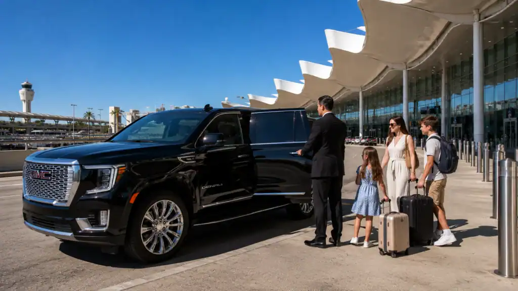 Personal Sedan Services GMC Yukon Denali at Las Vegas Airport Terminal 3 for Hawaiian Airlines Hawaii nonstop passengers with family luggage