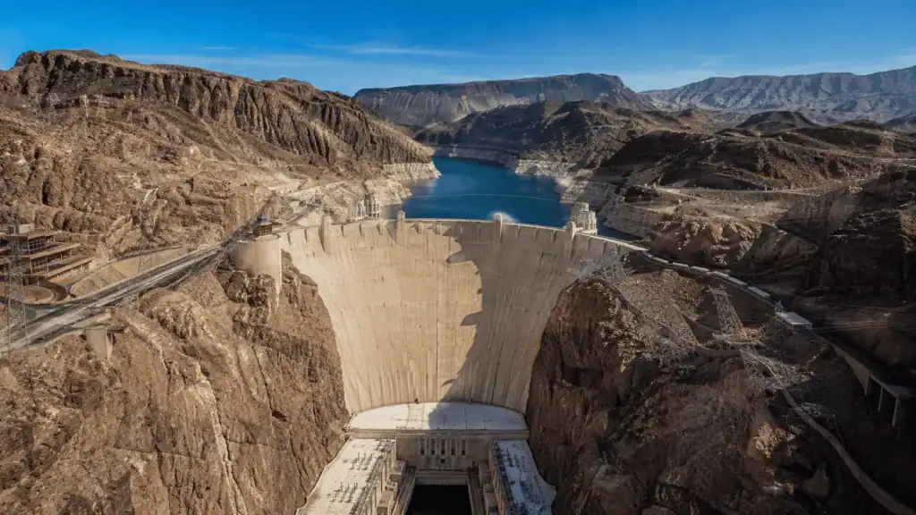Hoover Dam and Lake Mead under a clear desert sky, a popular day trip from Whitney Nevada in the east Las Vegas Valley
