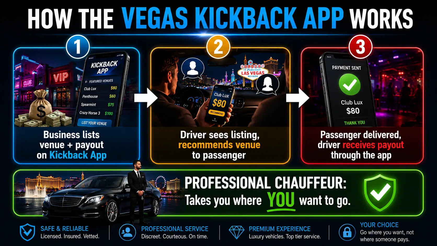 Flowchart showing how the Vegas Kickback app connects Las Vegas businesses to drivers who receive cash for delivering tourists