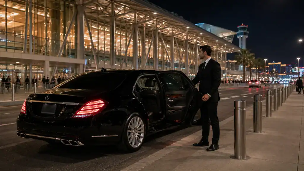 Personal Sedan Services Mercedes S550 at Las Vegas Airport Terminal 3 for KLM Royal Dutch Airlines Amsterdam international arrival