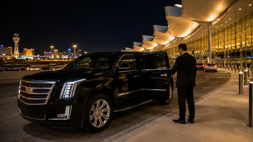 Personal Sedan Services Cadillac Escalade at Las Vegas Airport Terminal 3 for Korean Air Seoul Incheon international passengers at night