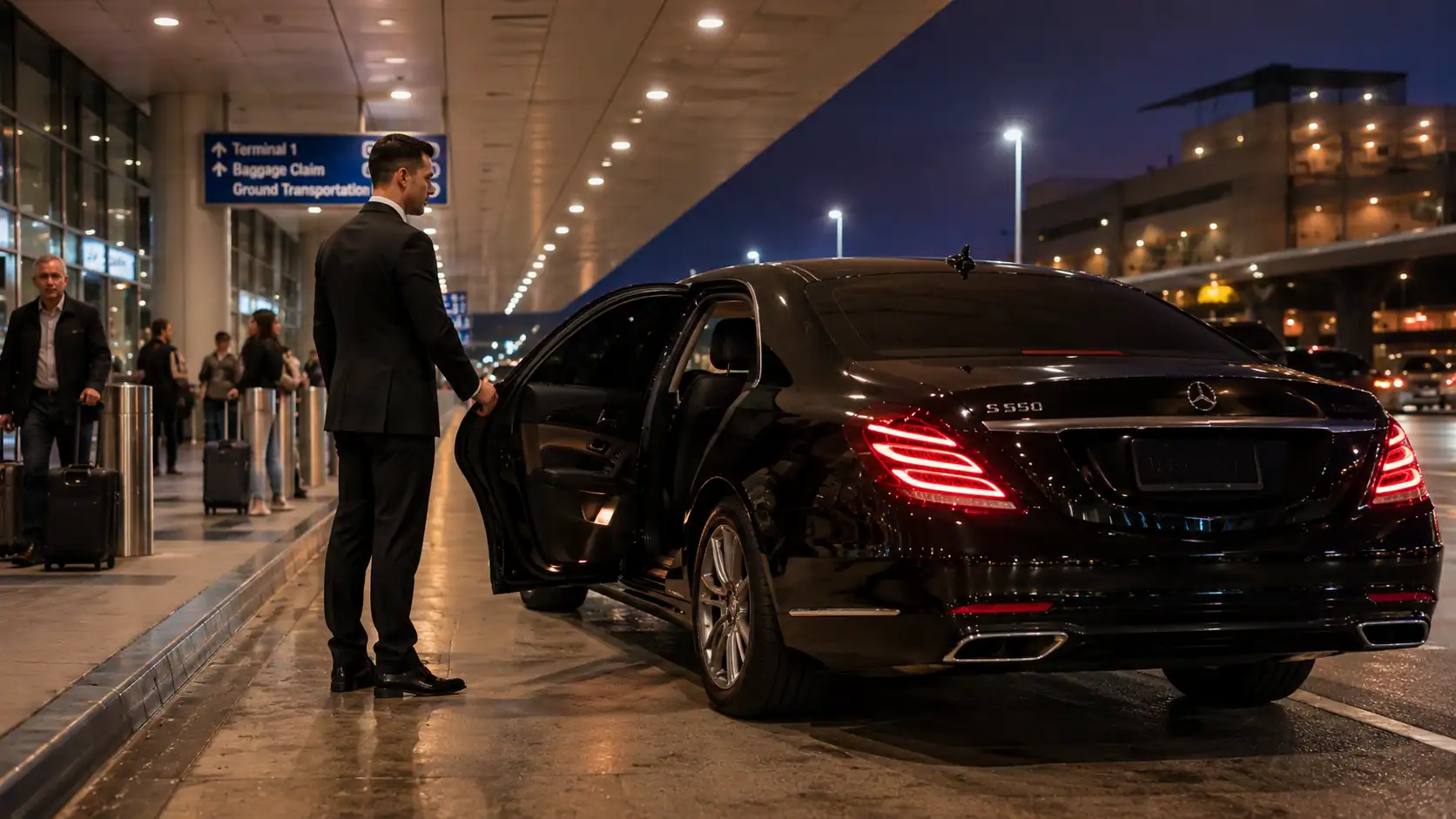 Las Vegas Airport Private Car Service Pss Mercedes S550 Arrival Pickup – Personal Sedan Services Personal Sedan Services black Mercedes S550 with professional chauffeur at Harry Reid International Airport arrival curbside